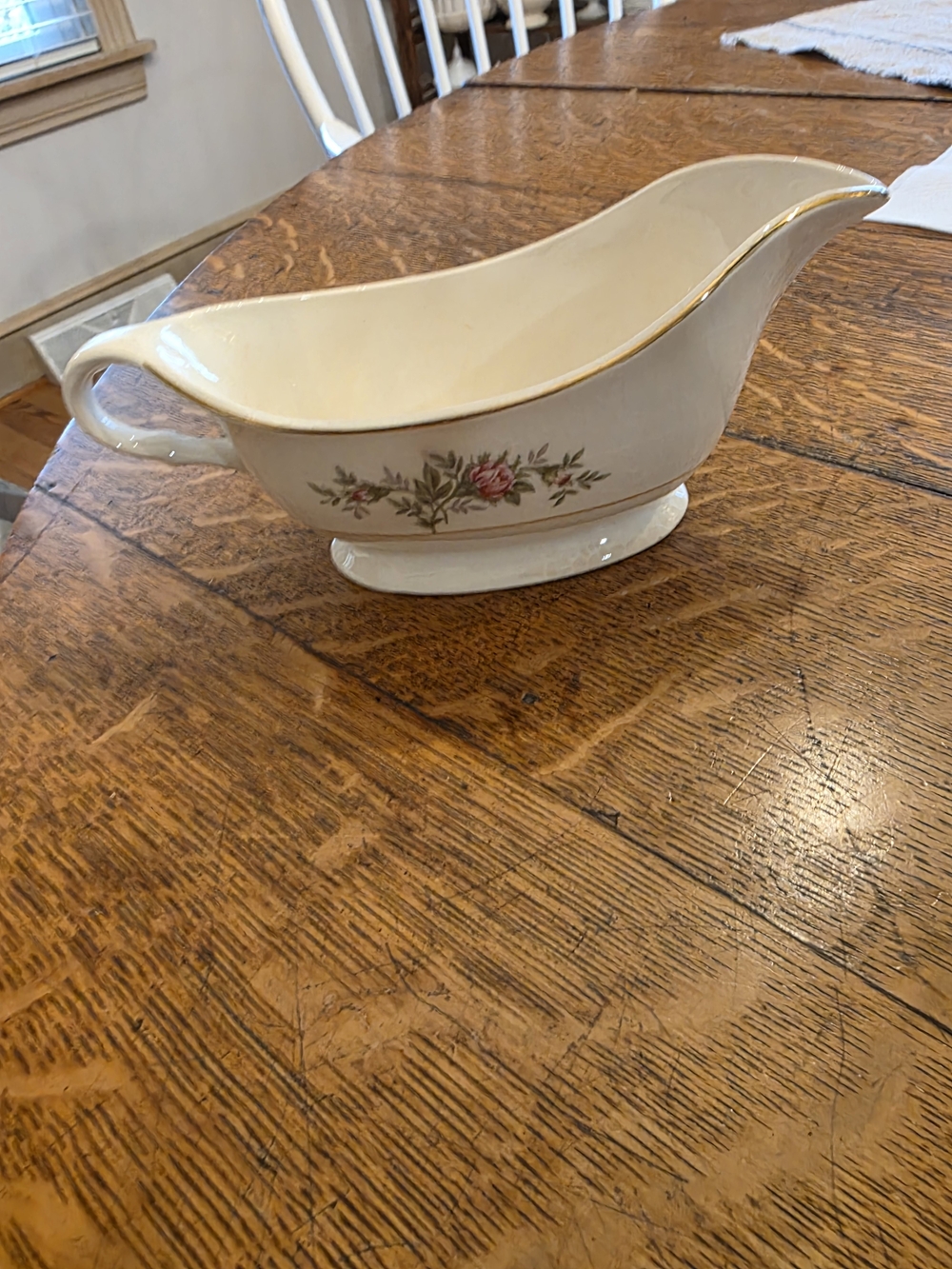 Homer Laughlin Cream Gravy Boat with Pink Rose and Gold Trim